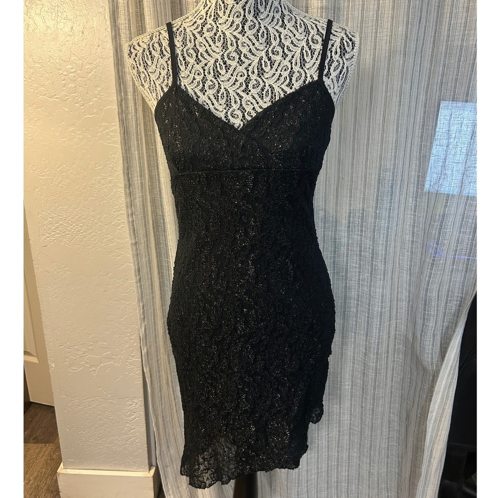 Finesse USA Bodycon Mini Dress Womens Black Floral Lace Spaghetti Strap Y2KParty
